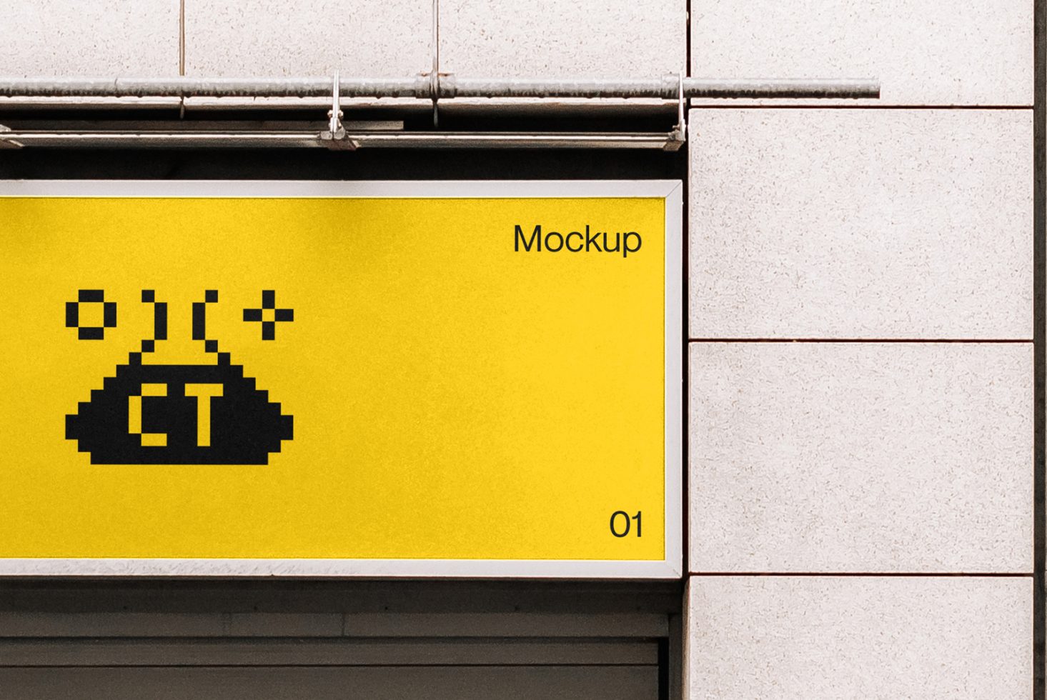 Pixel art spaceship design displayed on yellow billboard mockup mounted on a metro station wall, ideal for urban advertising presentations.